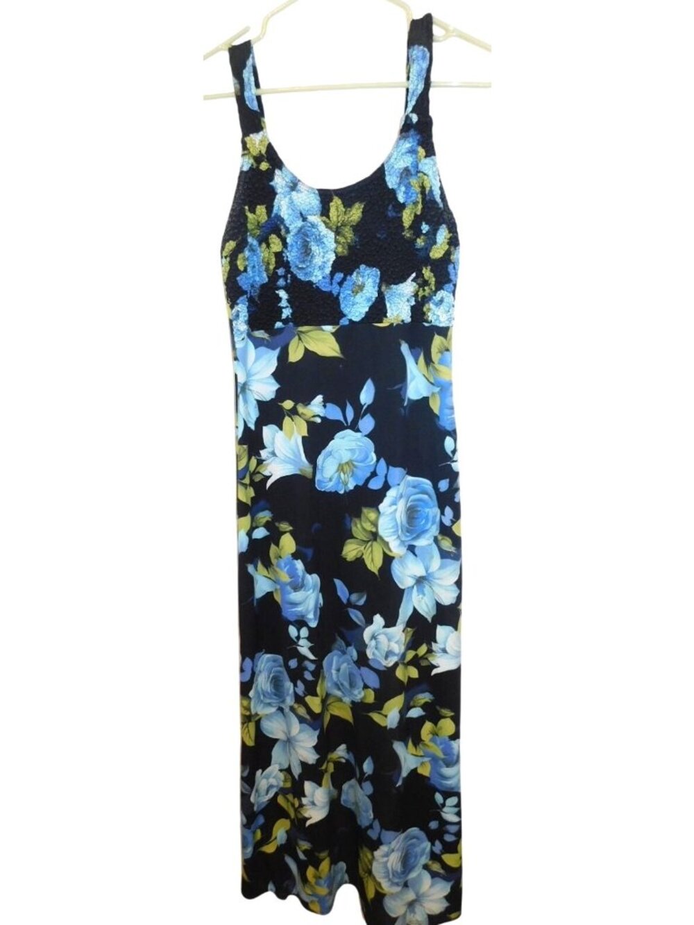 Floral Maxi Dress By Rag Blue Roses Stretchy Bodice Womens Sz S or M 1990s Vtg